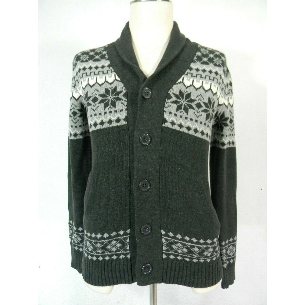 On The Byas Cardigan Men S Grey Snowflake Fair Isle Shawl Neck Retro Sweater
